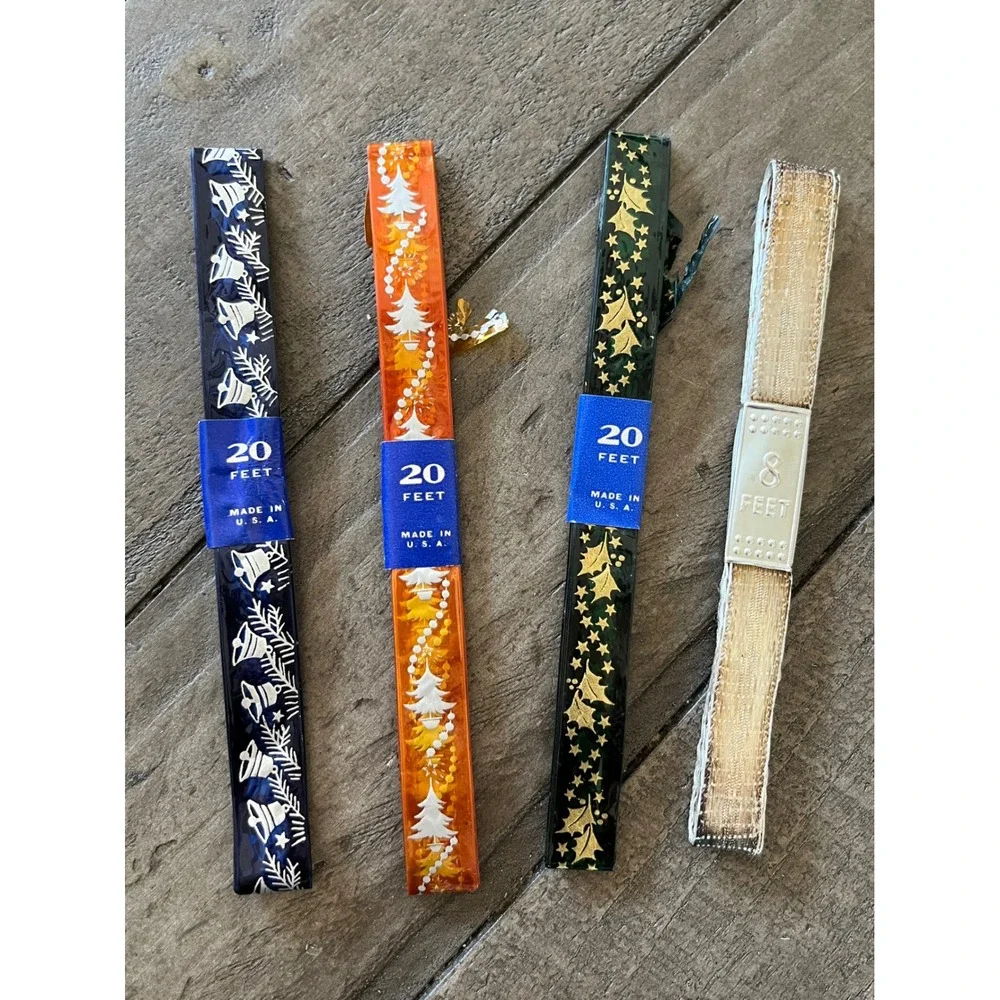 Vintage National Tinsel Christmas Ribbon Lot 4 Rolls Foil Woven Gold Blue Green